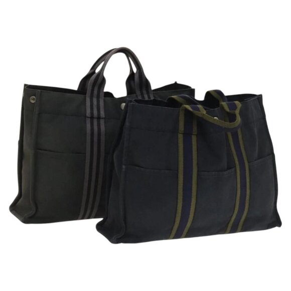 HERMES Fourre Tout MM Tote Bag Canvas 2Set Navy Black - Picture 1 of 16